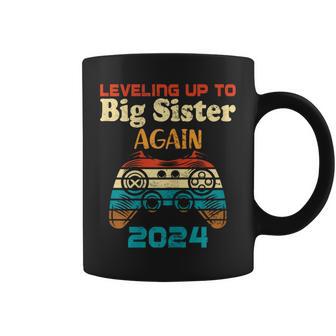 Retro Leveling Up To Big Sister Again 2024 Baby Announcement Coffee Mug - Monsterry AU