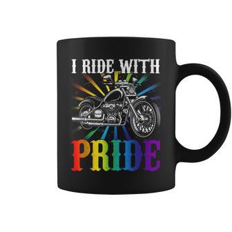 I Ride With Pride Gay Biker Rainbow Motorcycle Lover Queer Coffee Mug - Monsterry CA