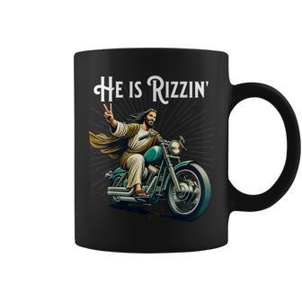 Rizzen Rizz He Is Rizzin Jesus Riding Motorcycle Coffee Mug - Seseable