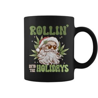 Rollin Into The Holidays Santa Black Marijuana Christmas Coffee Mug | Mazezy