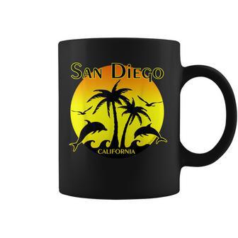 San Diego Palm Trees Dolphins Waves Seagulls T Coffee Mug - Monsterry