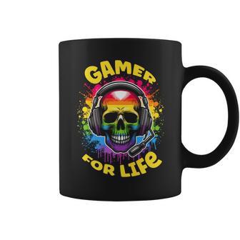 Skull Wearing Headphones Grunge N Gamer Rainbow Graffiti Coffee Mug - Monsterry AU