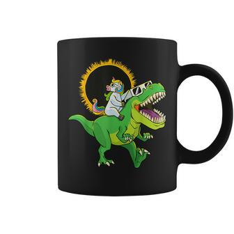 Solar Eclipse 2024 Unicorn Riding T-Rex Dinosaur Boys Coffee Mug | Mazezy