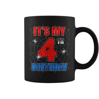 Spider Web Four 4 Years Old It's My 4Th Birthday Boy Party Coffee Mug - Seseable