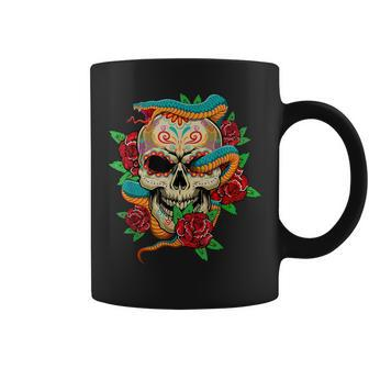 Sugar Skull Day Of Dead Cool Bone Head Skulls Snake Rose Coffee Mug - Monsterry