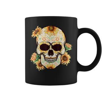 Sugar Skull Day Of Dead Sunflower Floral Bone Head Butterfly Coffee Mug - Monsterry