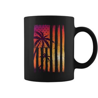 Summer Sunset Palm Trees American Flag Cool Spring Beach Coffee Mug - Monsterry DE