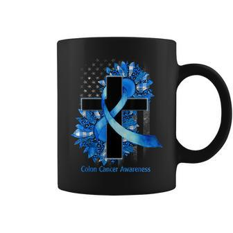 Sunflower Blue Ribbon Christian Cross Colon Cancer Awareness Coffee Mug - Thegiftio UK