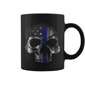 Thin Blue Line Police Usa Skull Flag Law Enforcement Support Coffee Mug - Monsterry AU