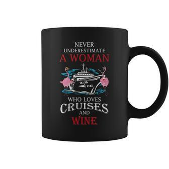 Never Underestimate A Woman Loves Cruises And Wine Flamingo Coffee Mug - Thegiftio UK