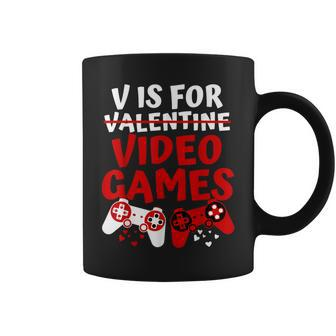 V Is For Video Games Valentines Day Gamer Boy Men Coffee Mug | Mazezy