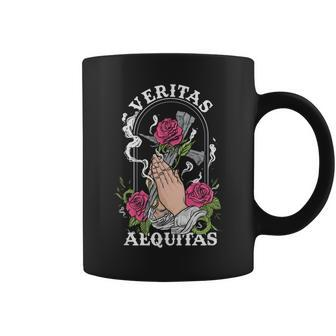 Veritas Aequitas Cross Roses Praying Hands Pray God Coffee Mug - Monsterry DE