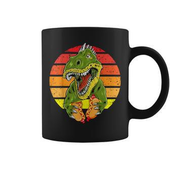 Vintage Dinosaur Eating Hot Dog Food Lover T-Rex Coffee Mug - Monsterry AU