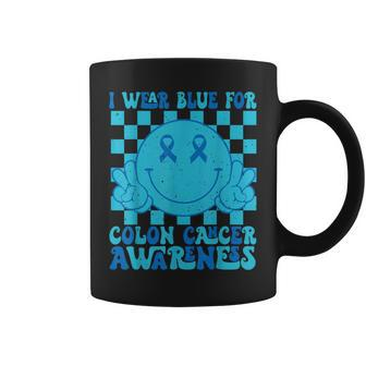 I Wear Blue For Colon Cancer Awareness Groovy Smile Face Coffee Mug | Mazezy