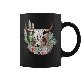 Western Boho Chic Longhorn Bull Skull Cactus Beige Pattern Coffee Mug - Thegiftio UK