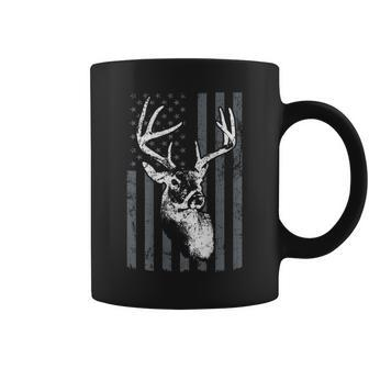 Whitetail Buck Deer Hunting Usa Grey American Flag On Back Coffee Mug - Monsterry