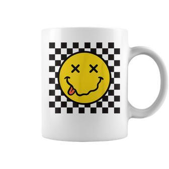 70S Yellow Smile Face Tongue Out Checkered Happy Face Coffee Mug - Thegiftio UK