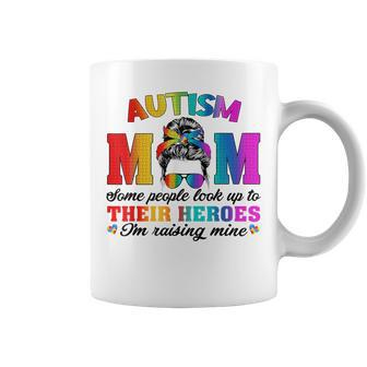 Autism Mom Raising Hero Groovy Messy Bun Autism Awareness Coffee Mug - Seseable
