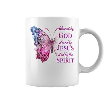 Blessed By God Loved By Jesus Pink Butterfly Christian Coffee Mug - Monsterry DE
