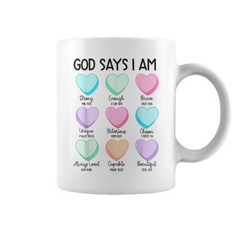Christian Bible Verse God Says I Am Candy Heart Valentines Coffee Mug - Seseable
