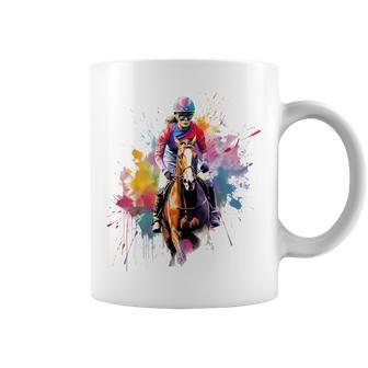Colorful Jockey Girl On Horse Racing Coffee Mug | Mazezy