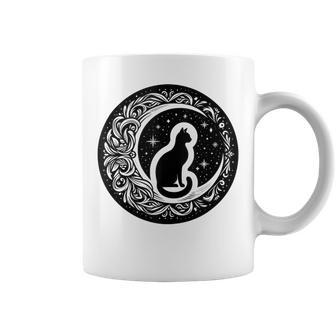 Drawing Cat Sitting On Crescent Moon Flowers Stars Women Coffee Mug - Monsterry CA