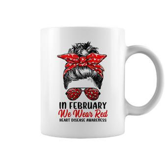 In February We Wear Red Messy Bun Heart Disease Awareness Coffee Mug - Thegiftio UK