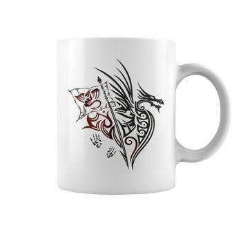 Fire Dragon With Wings Footprints And Flag Fantasy Coffee Mug - Monsterry