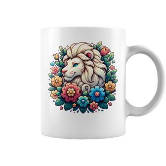 Floral Lion Head With Vintage Flowers Cartoon Animal Lover Coffee Mug - Monsterry UK