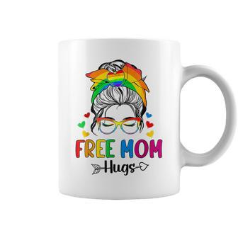 Free Mom Hugs Messy Bun Rainbow Gay Trans Pride Mother Day Coffee Mug - Seseable