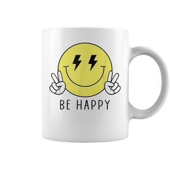 Be Happy Lightning Eyes Peace Hand Yellow Smile Face Hippie Coffee Mug - Monsterry UK