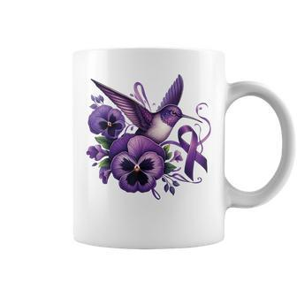 Hummingbird Holding Purple Ribbon Alzheimer Awareness Pansy Coffee Mug - Seseable
