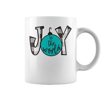 Joy To The World Black White Teal Buffalo Plaid Christmas Coffee Mug - Monsterry