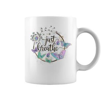 Just Breathe Dandelion Summer Wildflower Womens' Butterfly Coffee Mug - Monsterry