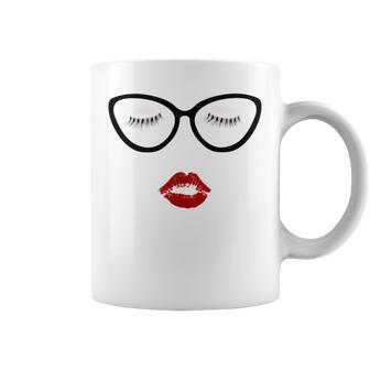 Ladies Eyelashes Black Glasses Red Pouty Full Lips Eyeshadow Coffee Mug - Monsterry