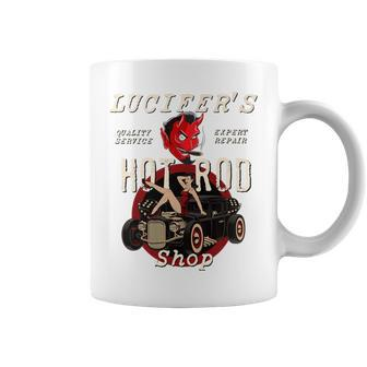 Lucifer's Hot Rod Shop Rockabilly Pin Up Girl Ratty Rat Rod Coffee Mug - Monsterry