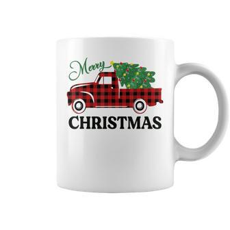 Merry Christmas White Buffalo Plaid Truck Tree Womens Coffee Mug - Monsterry CA