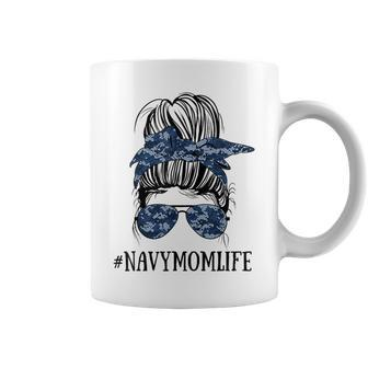 Messy Bun Life Of A Proud Mom Navy Mother's Day Military Mom Coffee Mug - Monsterry UK