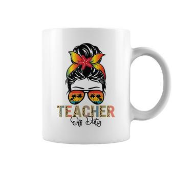 Messy Bun Teacher Off Duty Leopard Happy Last Day Of School Coffee Mug - Monsterry