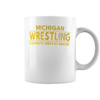 Michigan Wrestling Compete Defeat Repeat Coffee Mug - Monsterry