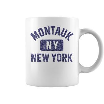 Montauk Ny Gym Style Distressed Navy Blue Print Coffee Mug - Monsterry AU