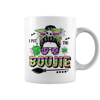 I Put The Boo In Boujie Skull Messy Bun Leopard Halloween Coffee Mug | Crazezy DE