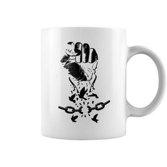 Raised Hand Clenched Fist Broken Chain Birds Black Freedom Coffee Mug - Monsterry