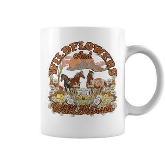 Retro Floral Desert Wildflowers Wild Horses Western Country Coffee Mug | Mazezy