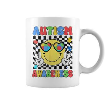 Retro Groovy Autism Awareness Hippie Smile Face Boy Girl Kid Coffee Mug | Mazezy