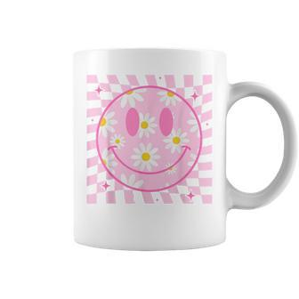 Retro Happy Smile Face Checkered Pattern Pink Daisy Flower Coffee Mug - Monsterry CA