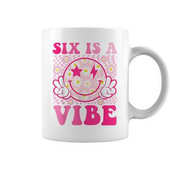 Six Is A Vibe 6Th Birthday Groovy 6 Year Old Pink Smile Face Coffee Mug - Seseable
