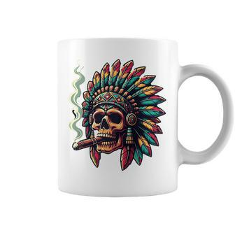 Smoking Cigar Indian Skull Colorful Headdress Lounge Gear Coffee Mug - Monsterry DE