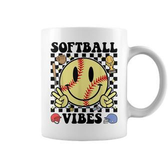 Softball Vibes Smile Face Game Day Softball Mom Coffee Mug - Seseable