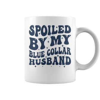 Spoiled By My Blue Collar Husband Retro Groovy Wife Text Coffee Mug - Monsterry AU